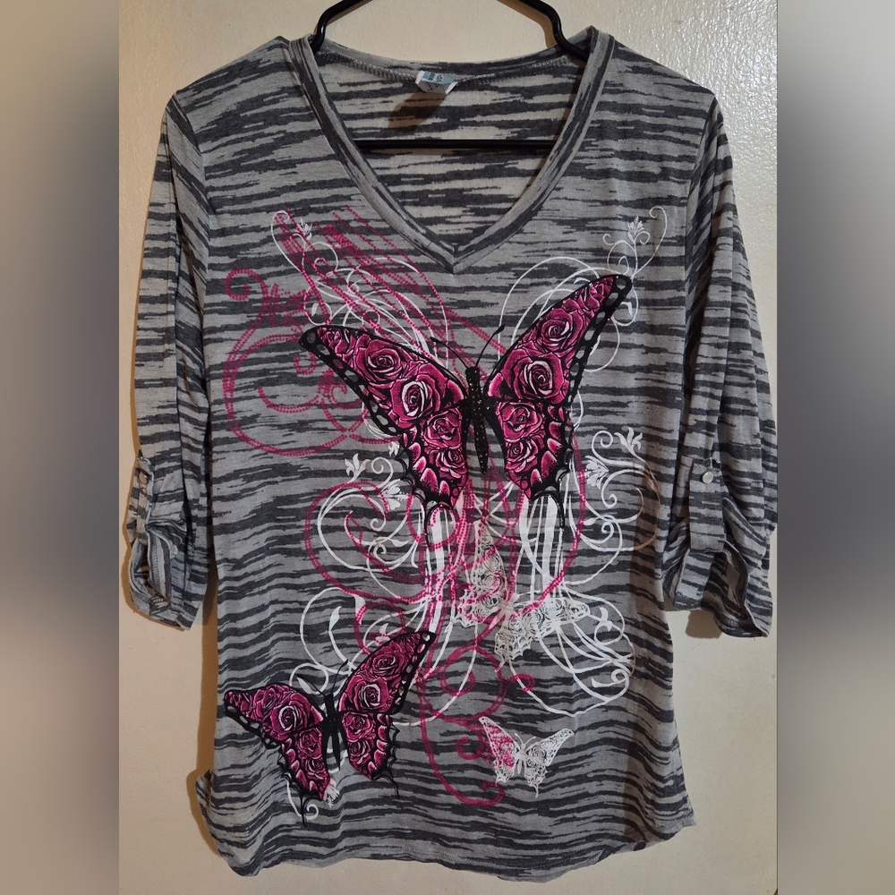 M. Fasis By California Blue Y2K Bling Zebra Print/Pink Butterfly Shirt Size 1X